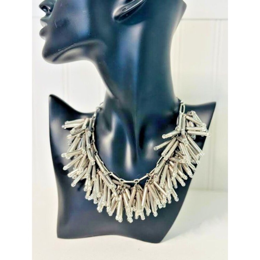 Vintage Natasha Beaded Silver & Clear / beads Matchstick Necklace 20" in